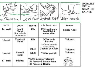 Horaire, célébrations, semaine sainte, paroisse Sainte-Famille de Valcourt