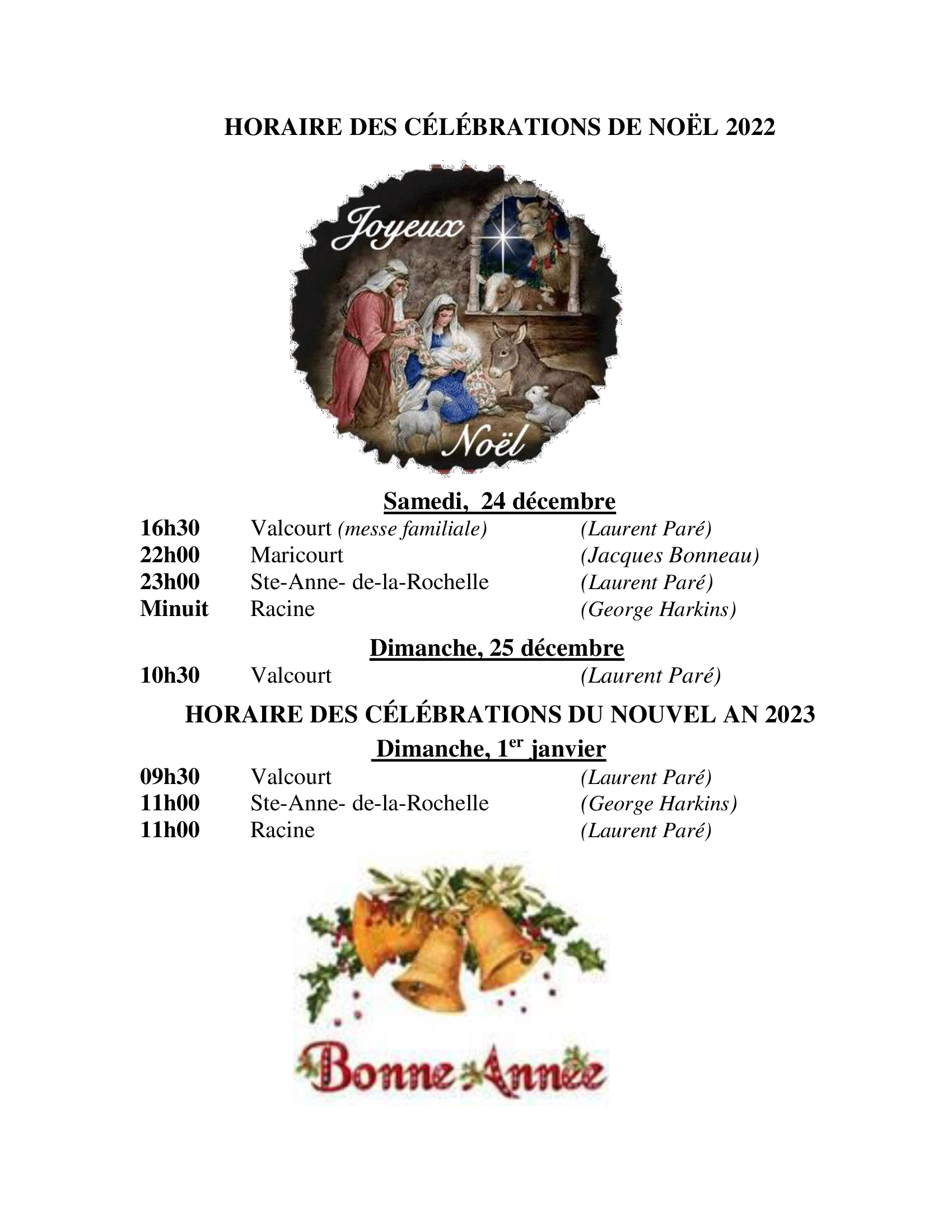 Horaire des célébrations Paroisse SainteFamille de Valcourt