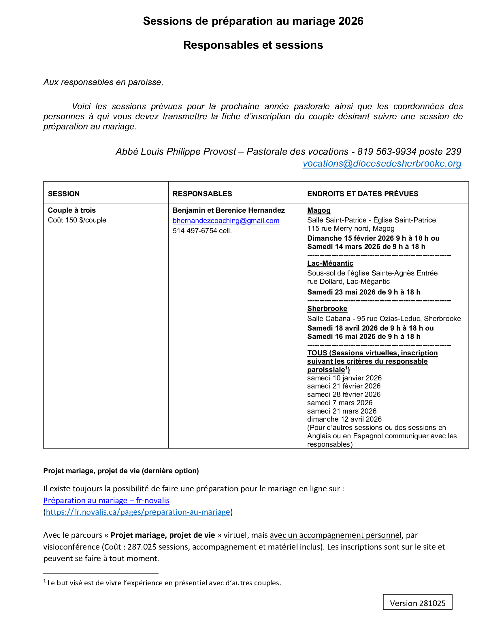session de préparation au mariage, paroisse Sainte-Famille de Valcourt