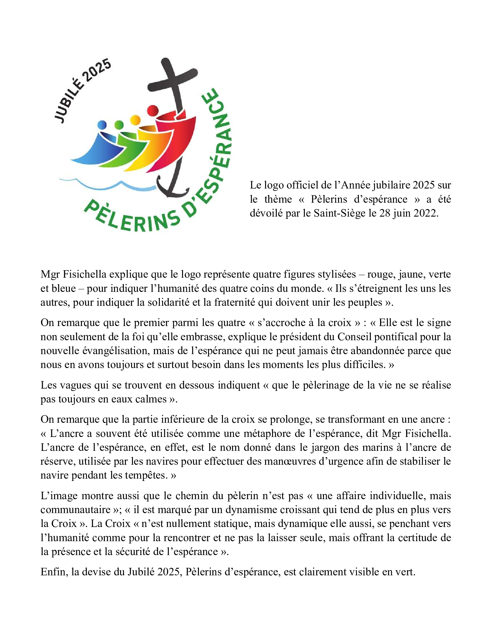 explication du logo, jubilé Pèlerins d'espérance, paroisse Sainte-Famille de Valcourt