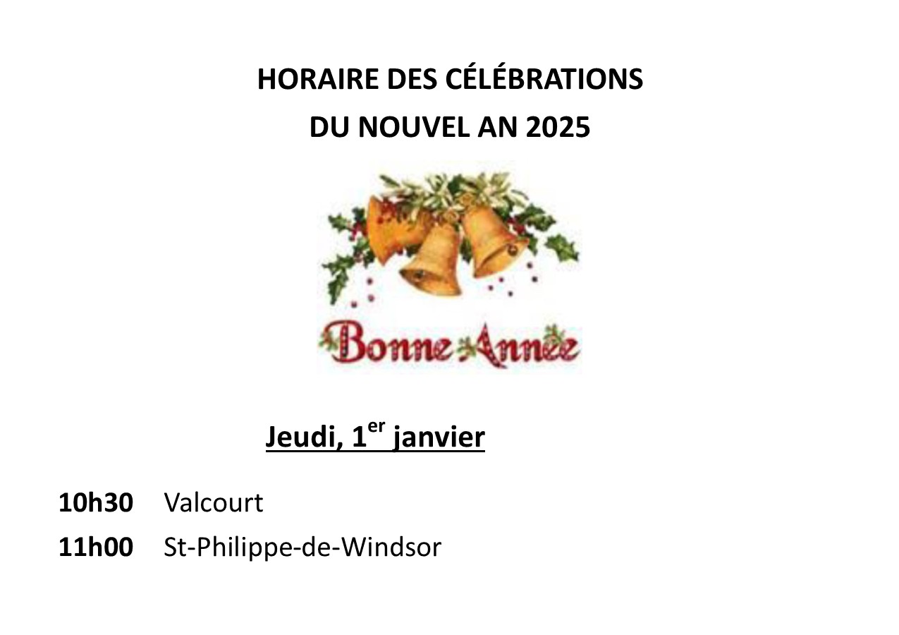 horaire des messes du Nouvel An, secteur des vallées, paroisse Sainte-Famille de Valcourt