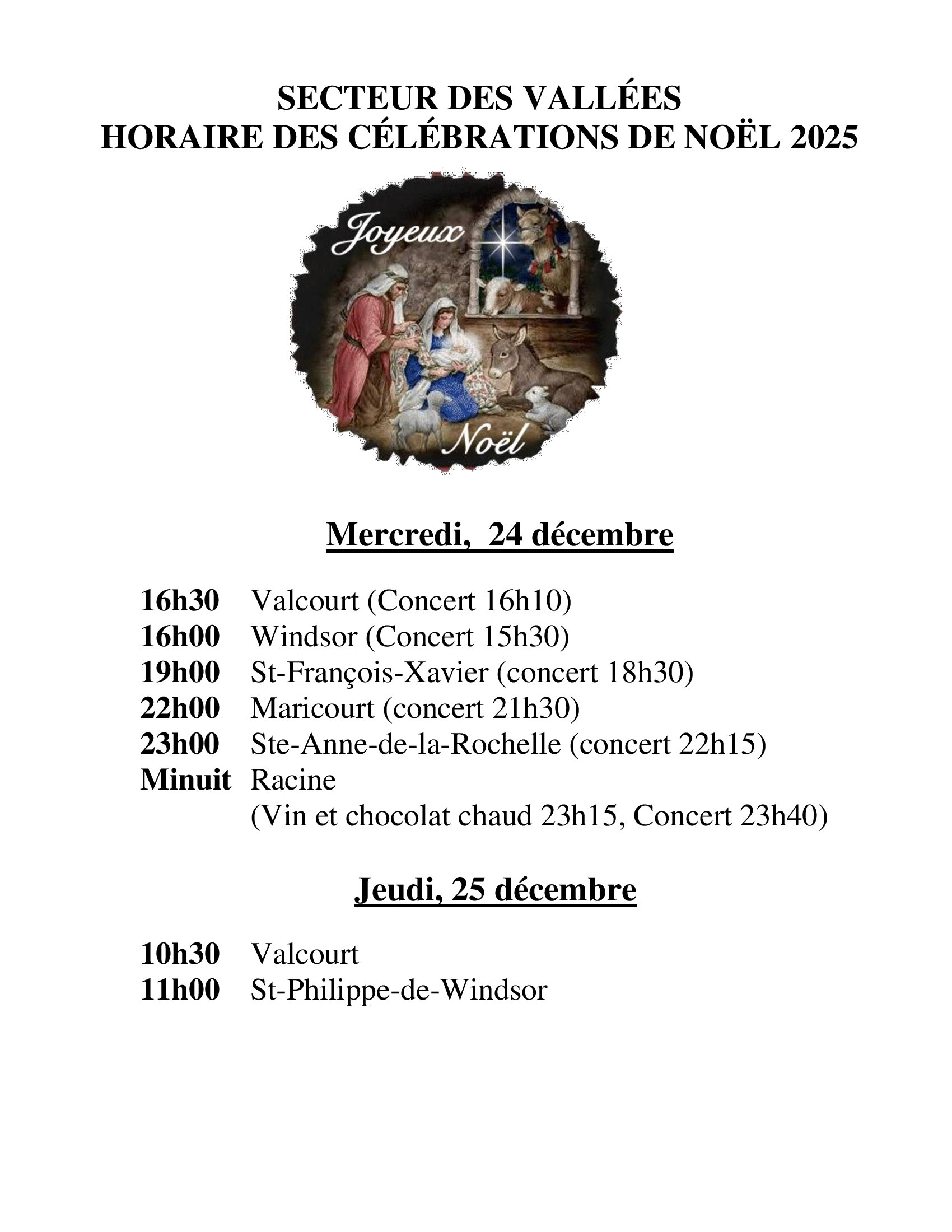 horaire des messes de Noël, secteur des vallées, paroisse Sainte-Famille de Valcourt