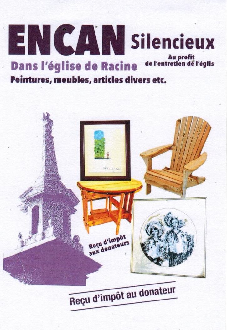 encan silencieux, église de Racine, paroisse Sainte-Famille de Valcourt