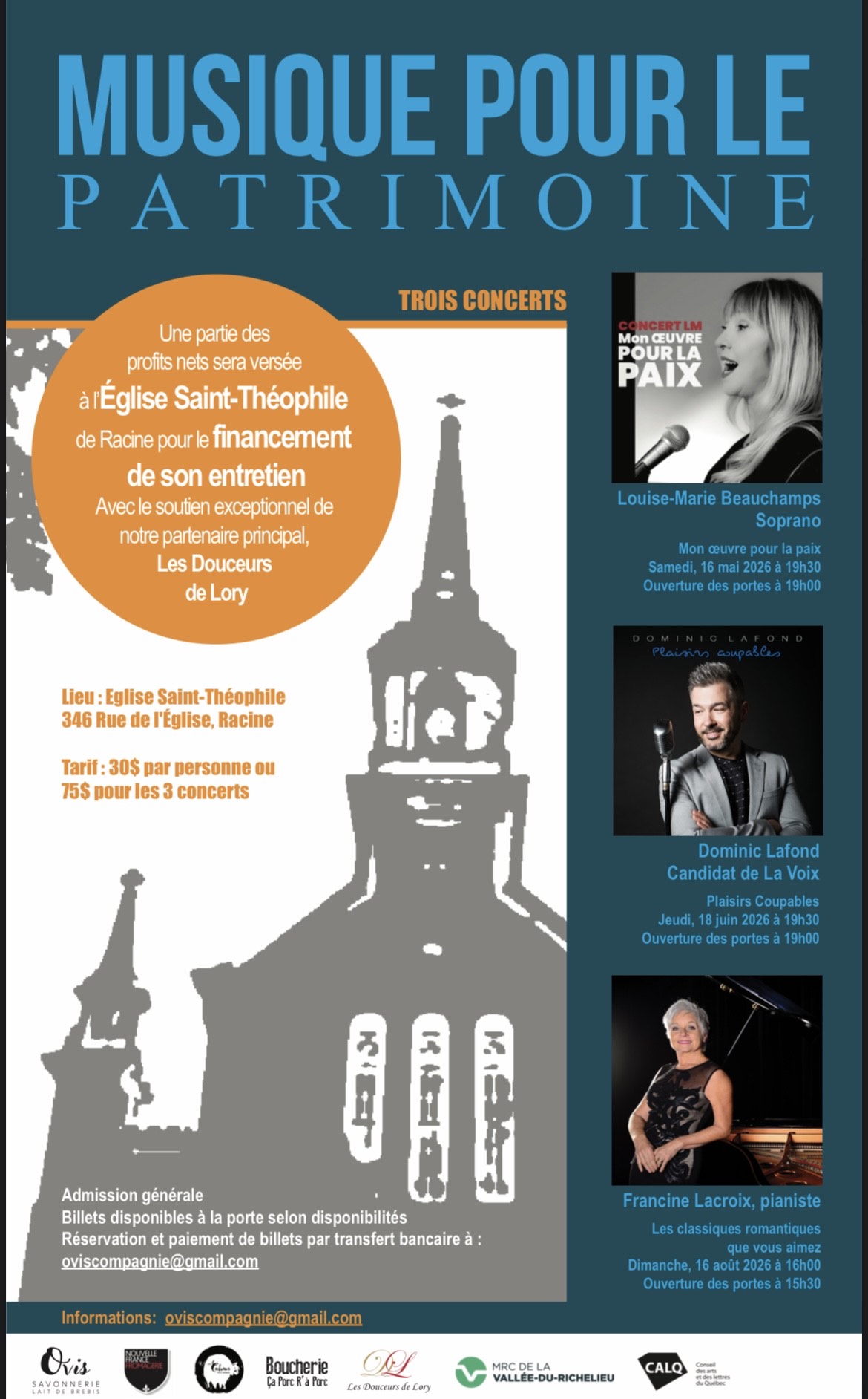 Louise-Marie Beauchamps, Dominic Lafond, Francine Lacroix, concert bénéfice, prix modique, église Racine, paroisse Sainte-Famille de Valcourt