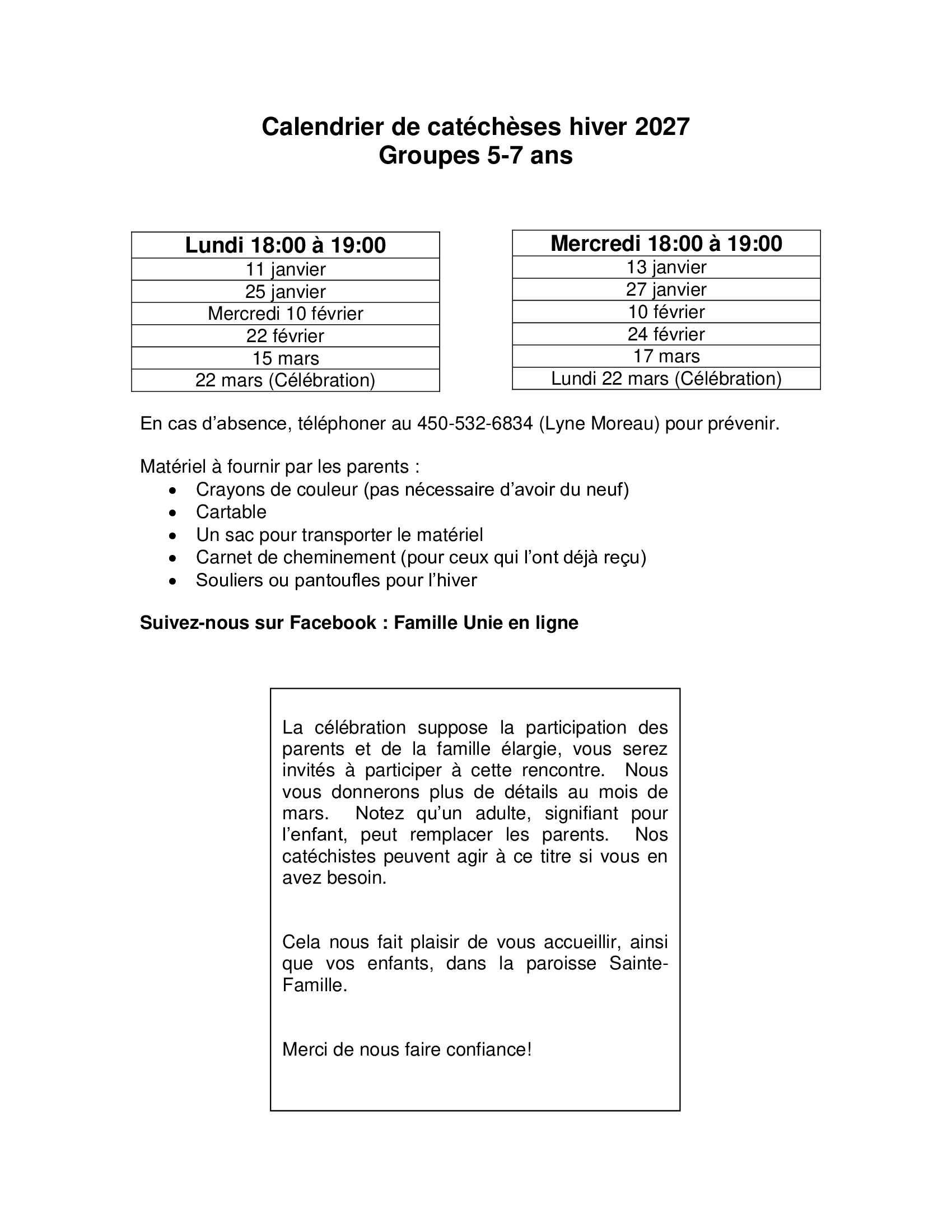 calendrier, catéchèses, 5-7 ans, éveil à la foi, paroisse Sainte-Famille de Valcourt 
