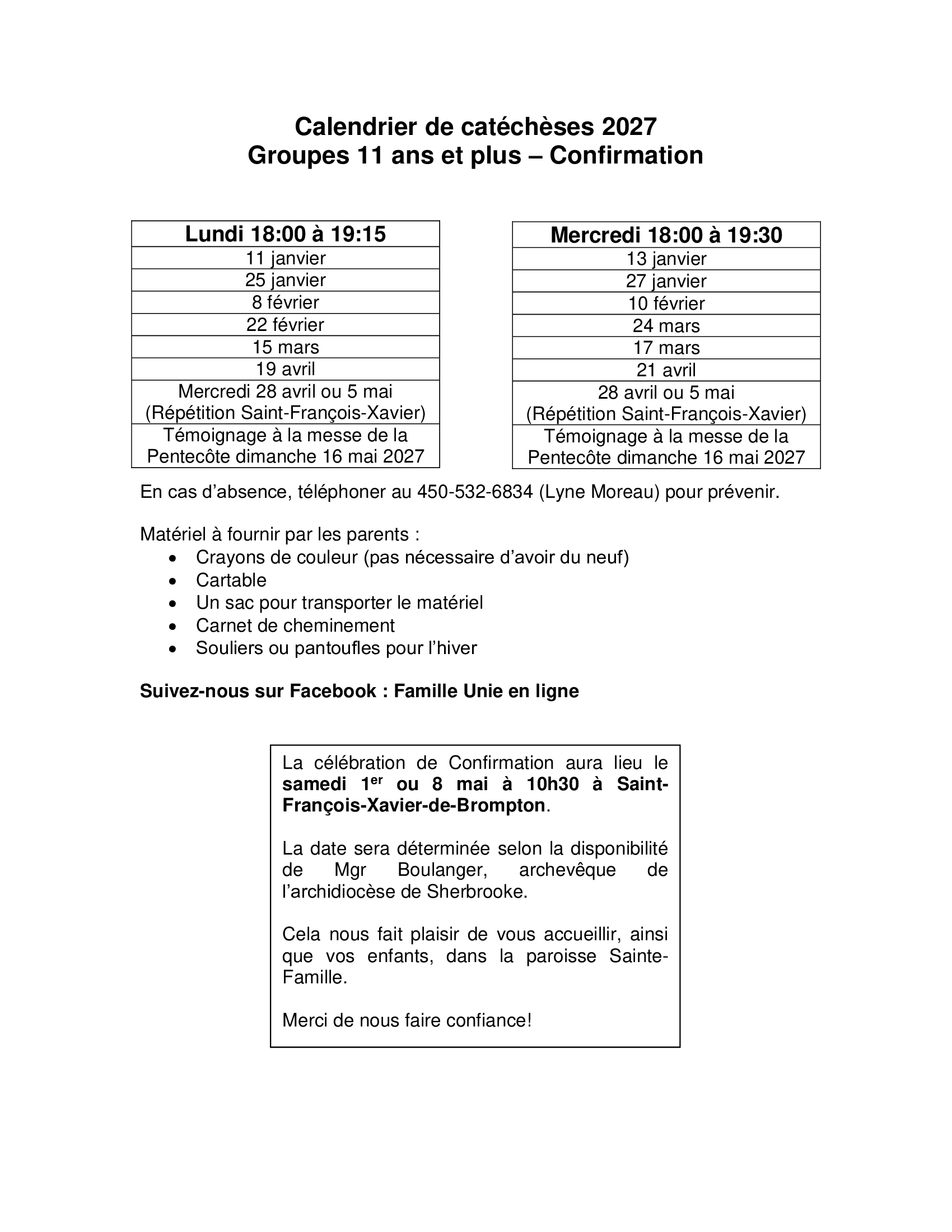 calendrier, catéchèses, confirmation, paroisse Sainte-Famille de Valcourt