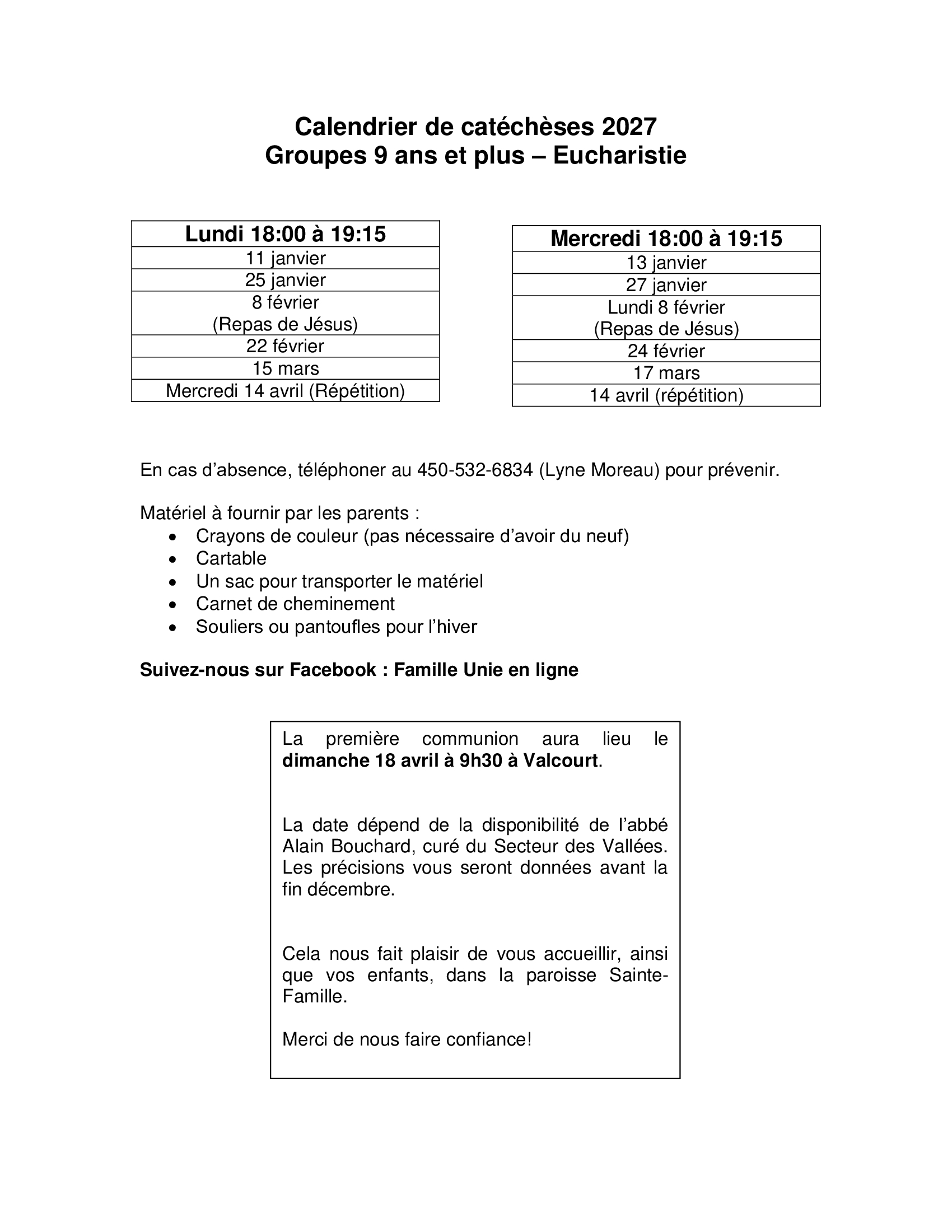 calendrier, catéchèses, première communion, paroisse Sainte-Famille de Valcourt