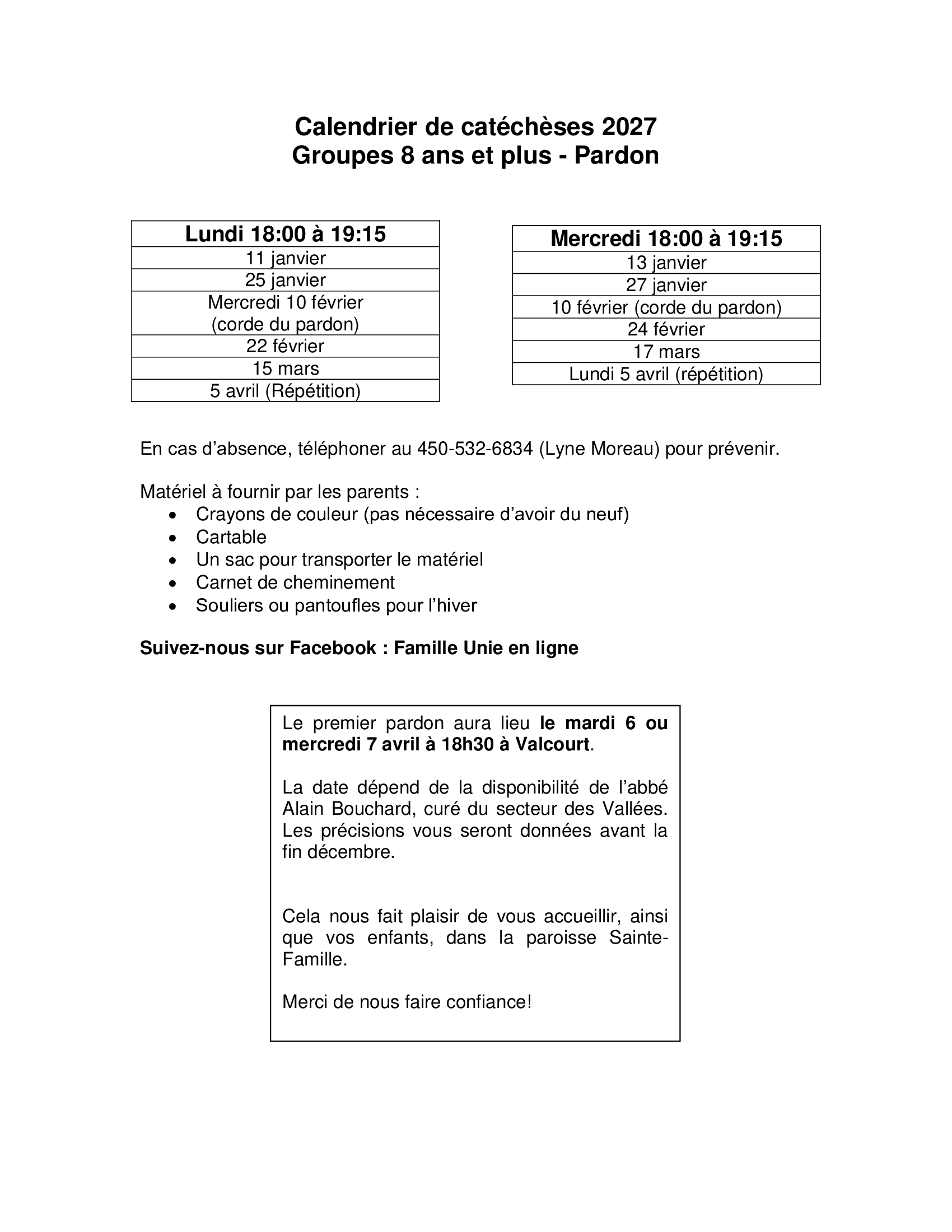 calendrier, catéchèses, premier pardon, paroisse Sainte-Famille de Valcourt 