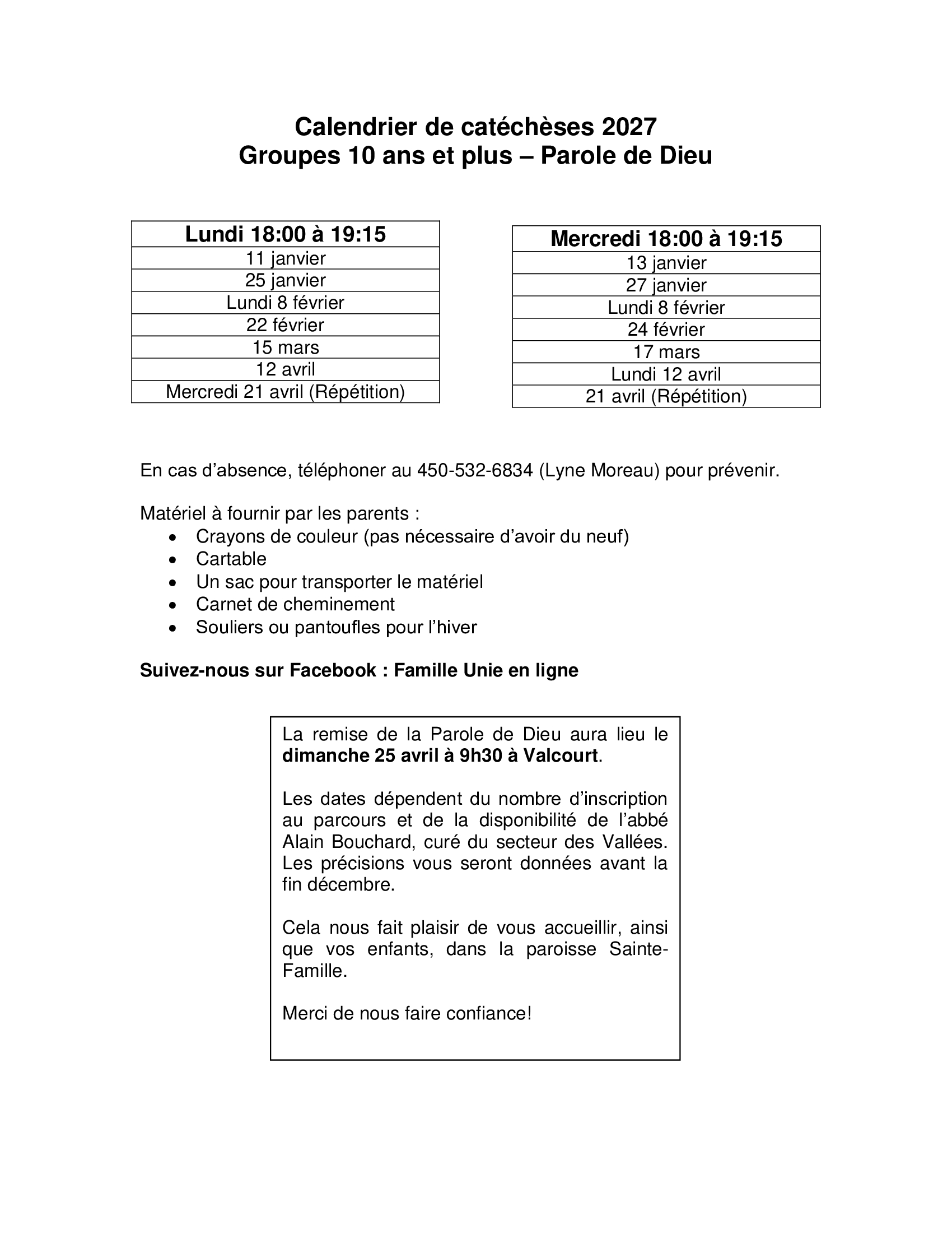calendrier, catéchèses, remise de la parole de Dieu, paroisse Sainte-Famille de Valcourt