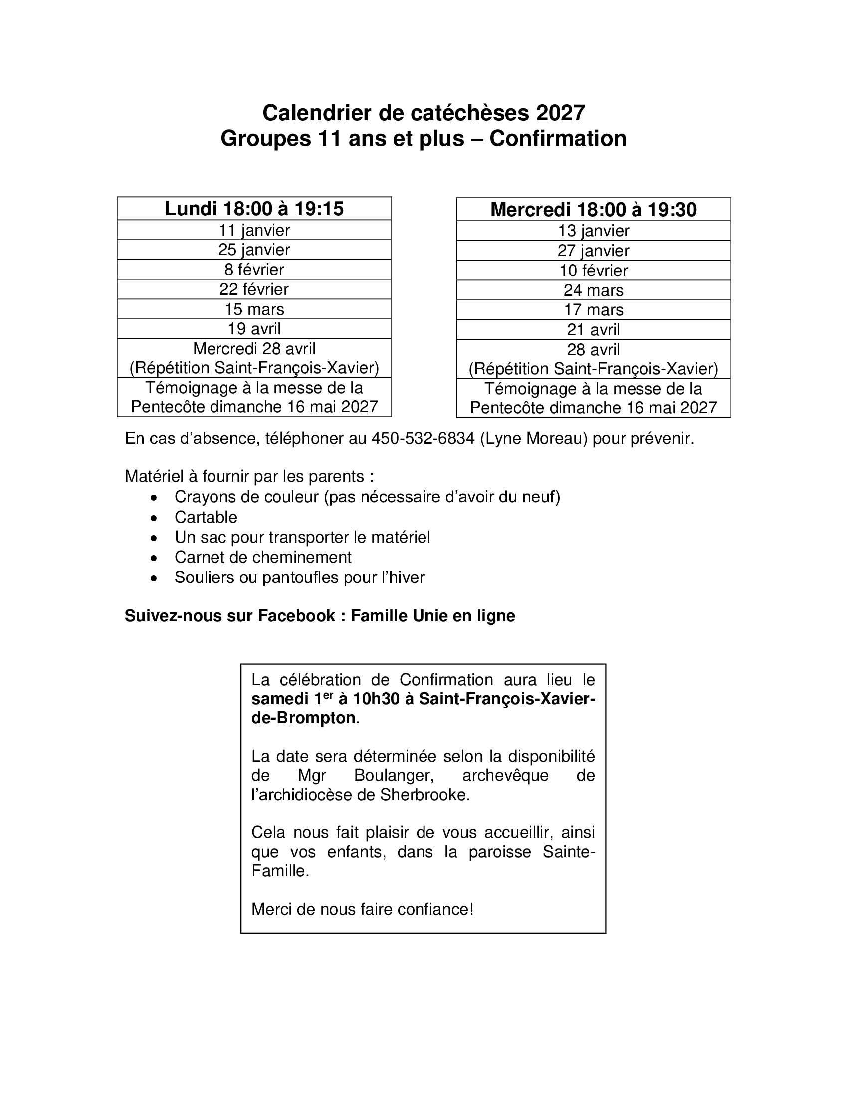 calendrier, catéchèses, confirmation, paroisse Sainte-Famille de Valcourt