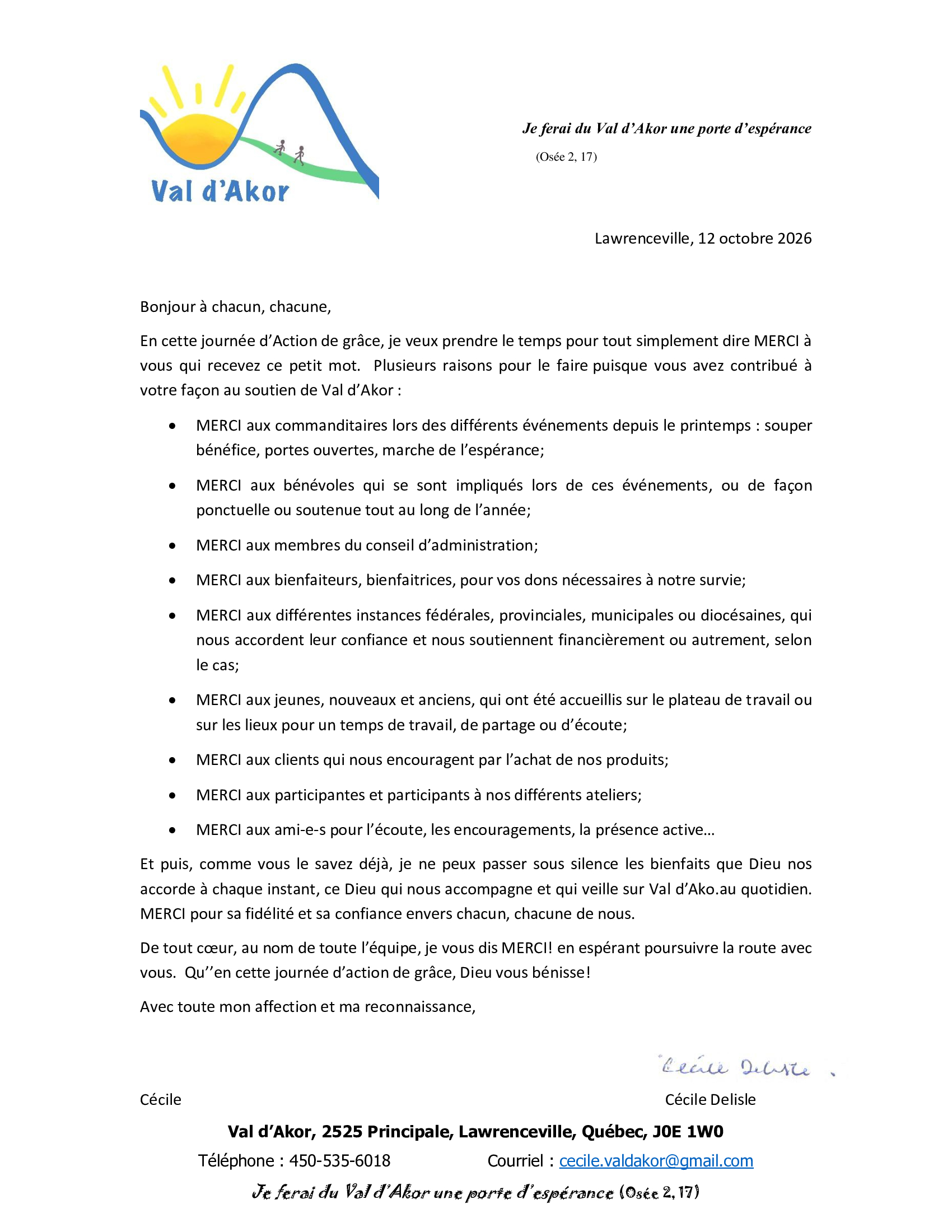 action de grâce, Val d'Akor, paroisse Sainte-Famille de Valcourt