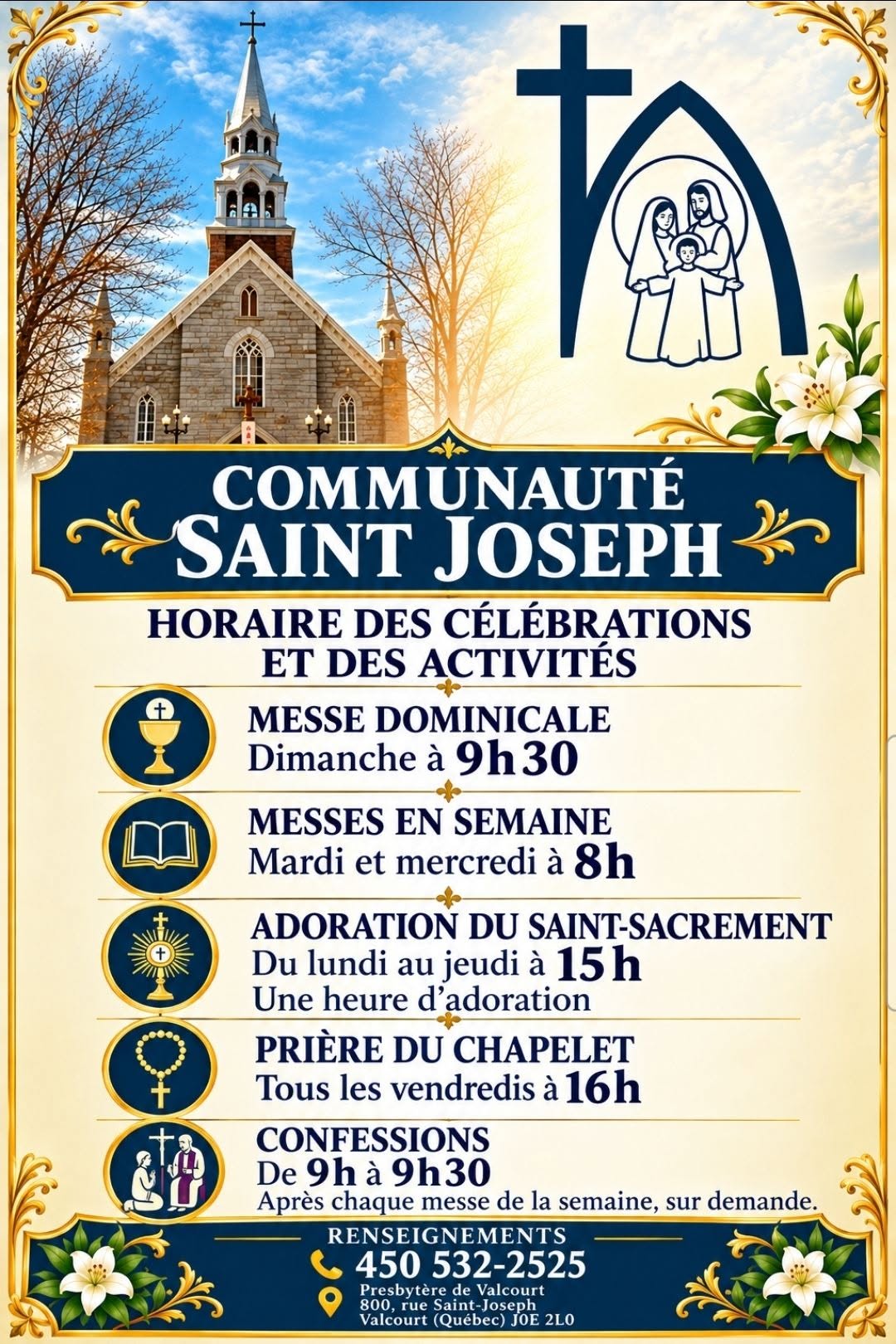 services, sacrements, célébrations, église de Valcourt, paroisse Sainte-Famille de Valcourt